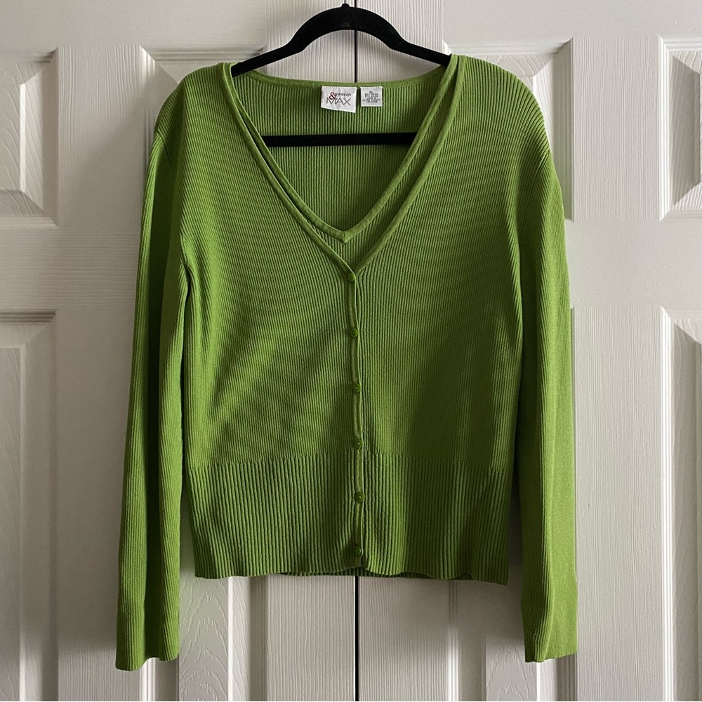 MADISON & MAX RIB KNIT V NECK TANK CARDIGAN SWEATER TWINSET OFFICE Green XL